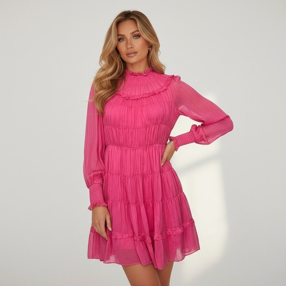 Ulla Johnson Pink 100% Silk Smocked Ruffle Tiered Mini Dress Size 2 Romantic